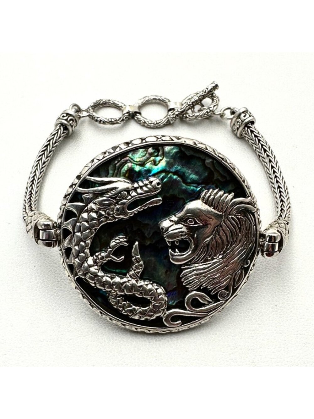 Sterling Silver Dragon Lion Bracelet Abalone Mother of Pearl 8 Inch - Picture 11 of 12